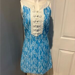 Lilly Pulitzer Blue and White print Sleeveless Dress fabric toggle neckline S/14